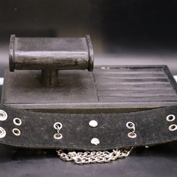 Black Leather Cuff Bracelet with Metallic Skull and Crossbones With Chains - Picture 3 of 5